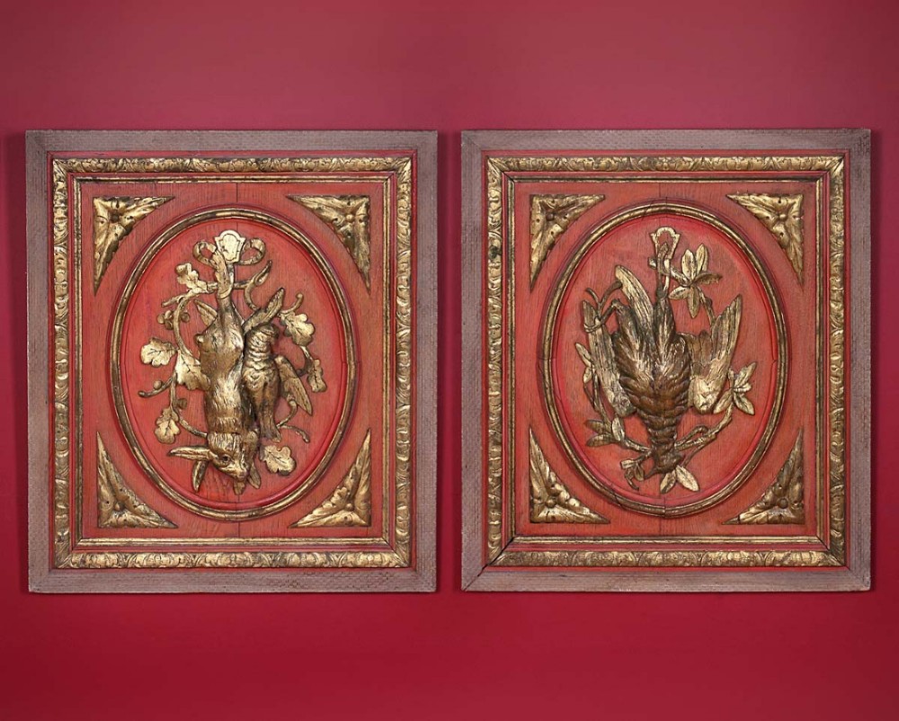 Carved & Gilded Oak Panels of a Hare & Game Birds c.1870.