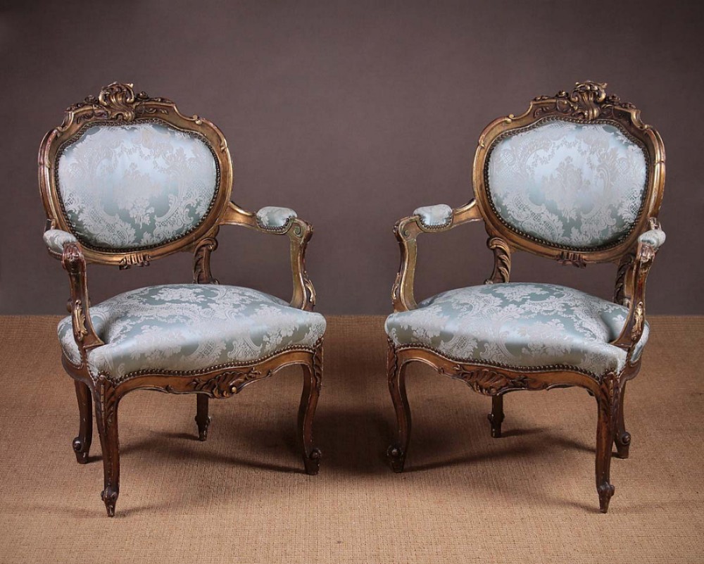 Pair French Louis XV Style Gilded Armchairs c.1900