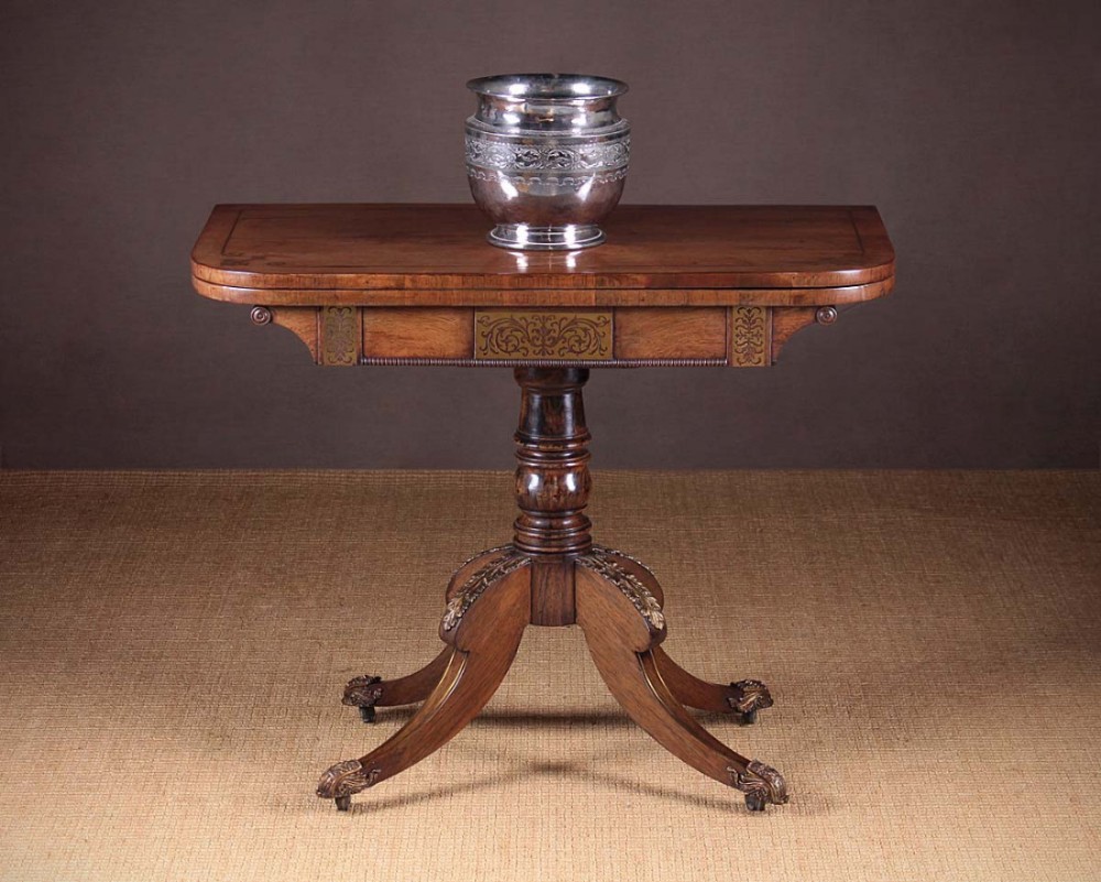 Regency Rosewood & Brass Inlaid Fold Over Games Table c.1820.