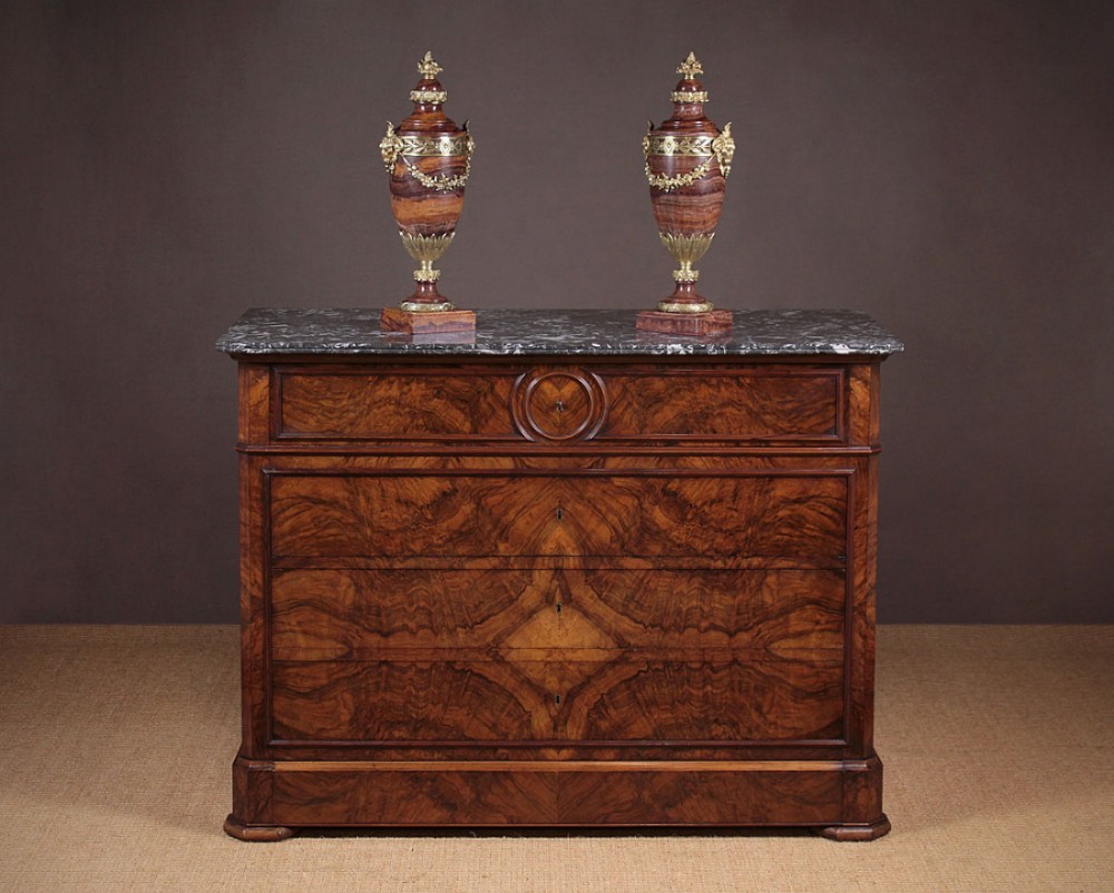 Large Burr Walnut Marble Top Secretaire Chest of Drawers c.1860.