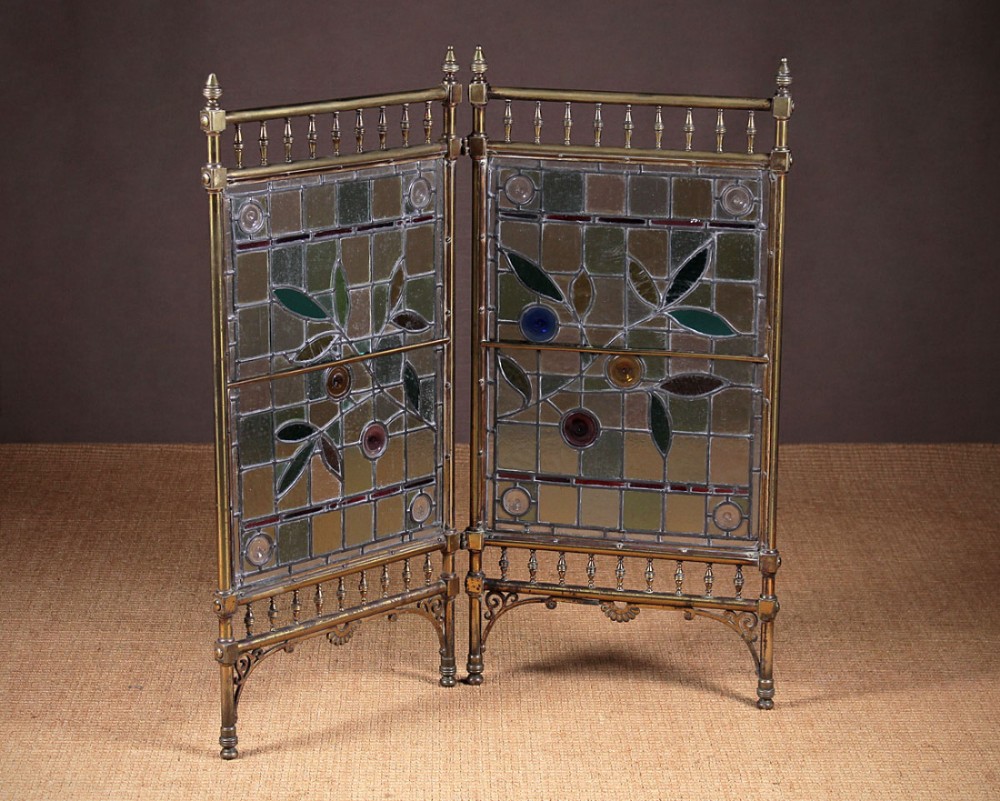 Aesthetic Movement Brass & Leaded Glass Fire Screen c.1880