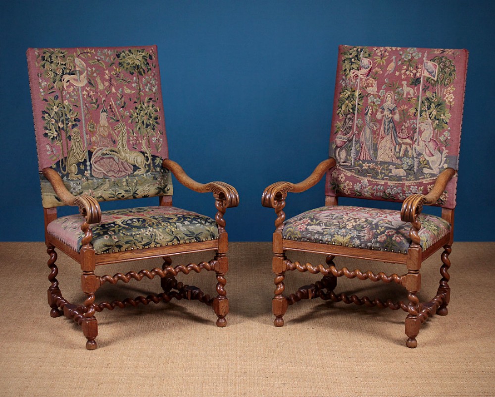 Pair of Lady & The Unicorn Tapestry Armchairs c.1930.
