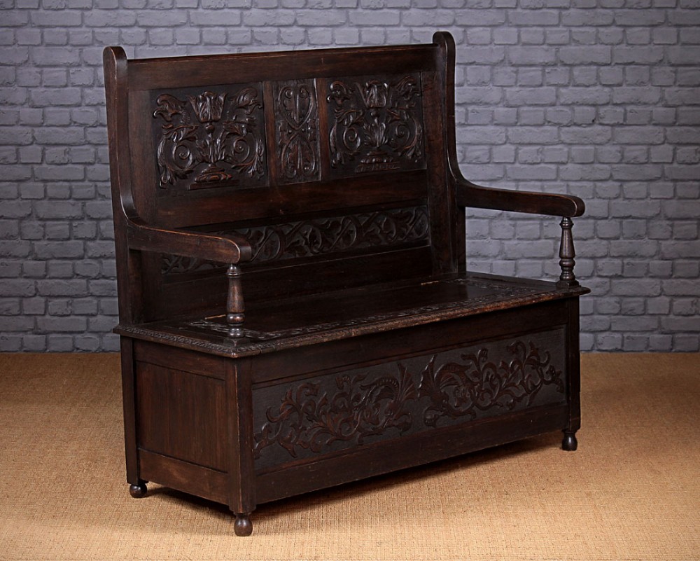 Carved Oak Box Settle c.1897.