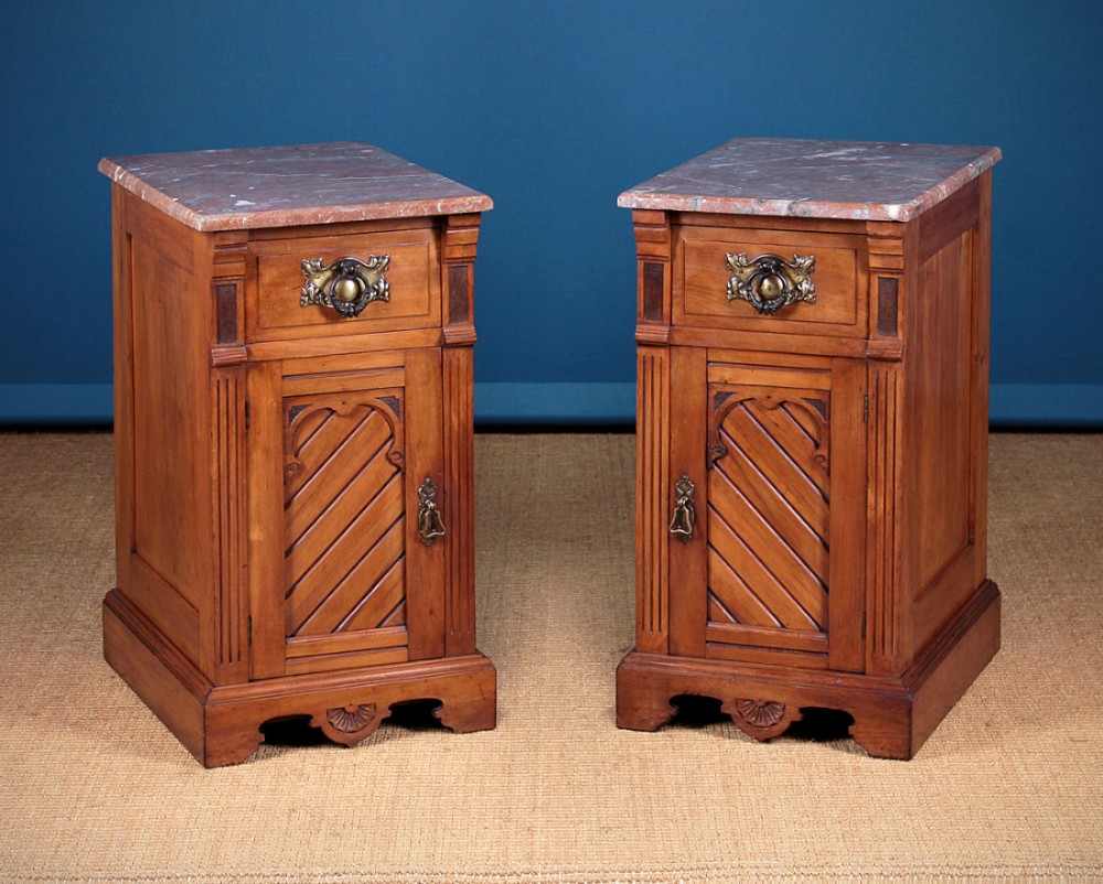 Pair of Marble Top Satinwood Bedside Cabinets c.1890. 