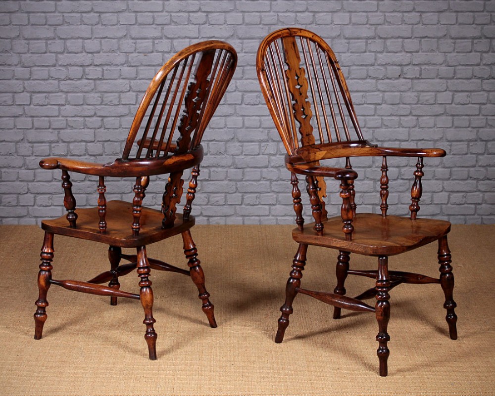 Pair of Yew Wood Broad Arm Windsor Armchairs c.1850.
