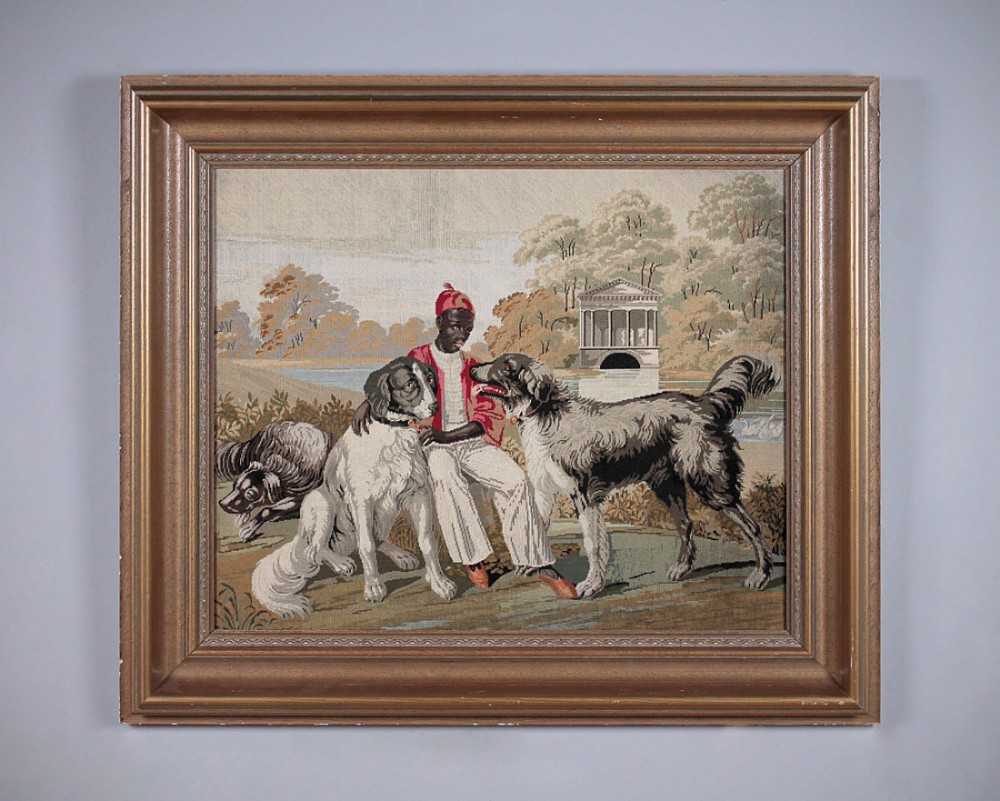 19th.c. Woolwork of a Blackamoor & Hounds c.1860.