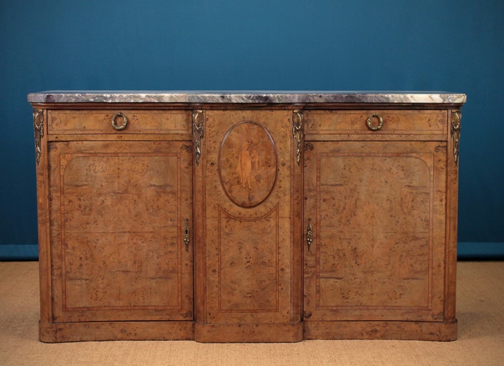 MARBLE TOP BURR ELM SIDE CABINET C.1905