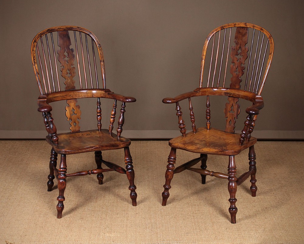 Pair Yew Wood Broad Arm Windsor Armchairs c.1850.