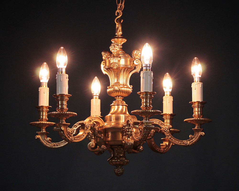 Six Branch Gilt Brass Chandelier c.1910.