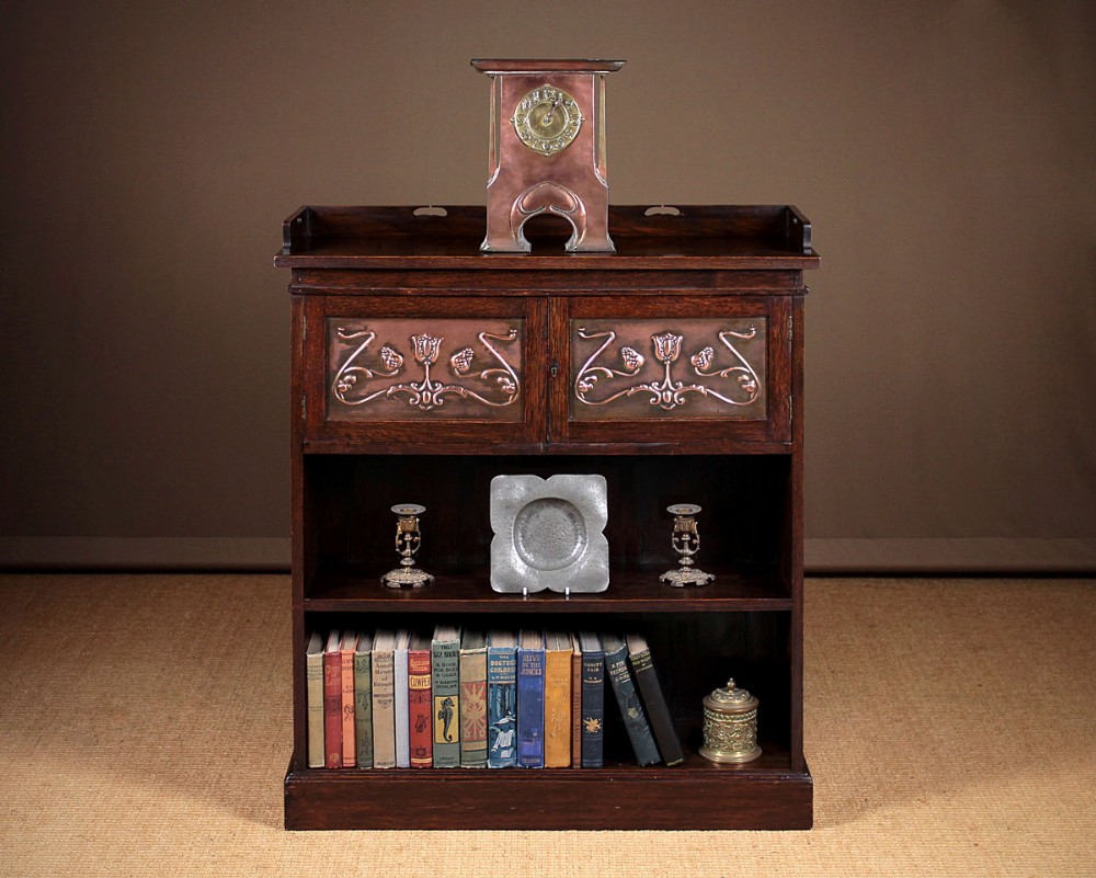 Arts & Crafts Bookcase with Repousse Copper Panels c.1895.