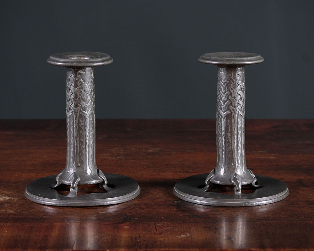 Pair of Tudric Pewter Candle Sticks by Archibald Knox for Liberty & Co. c.1905. 