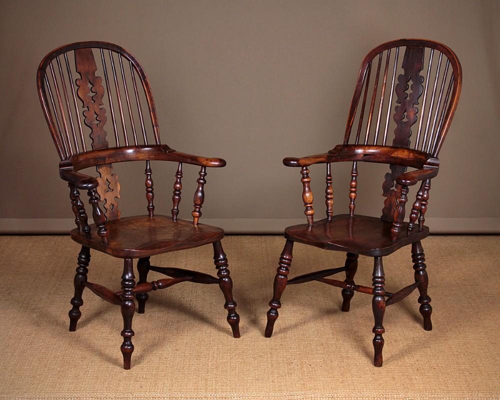 Pair of Yew Wood Windsor Armchairs c.1850.