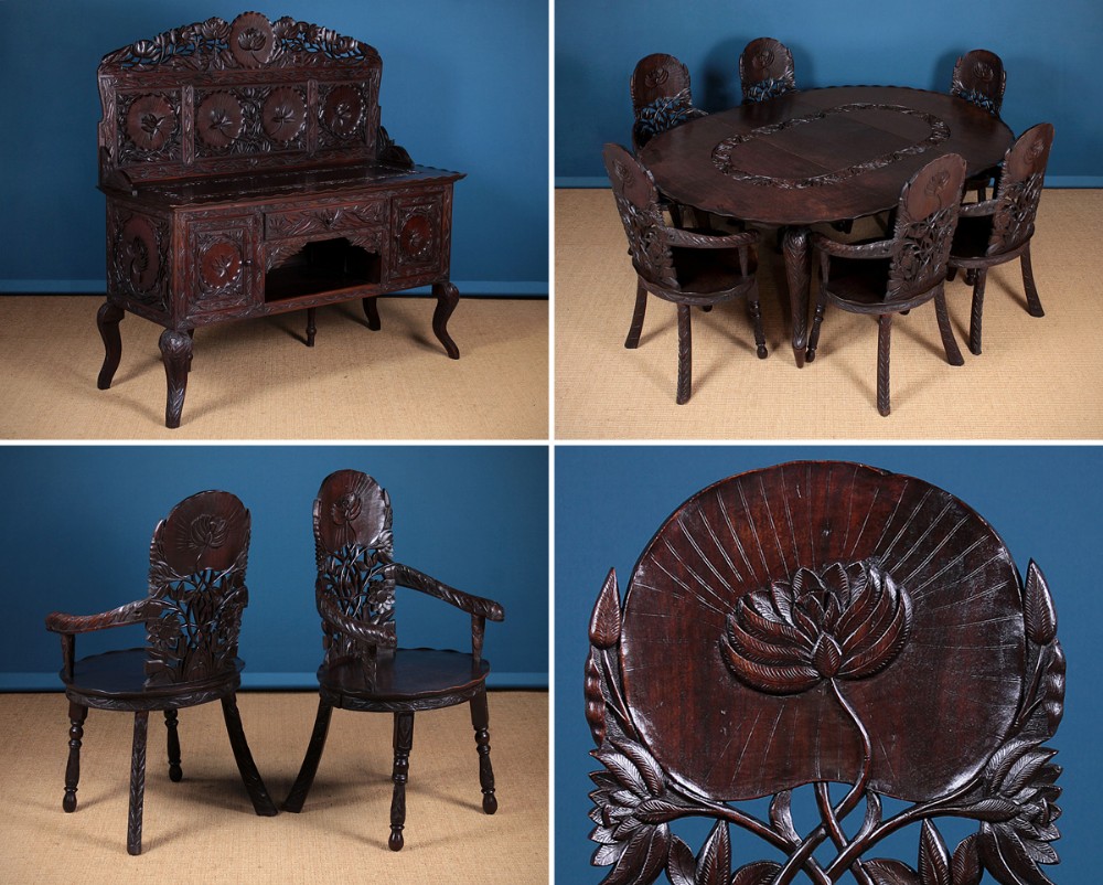 Anglo-Indian Carved Walnut Lotus Theme Dining Suite c.1910.