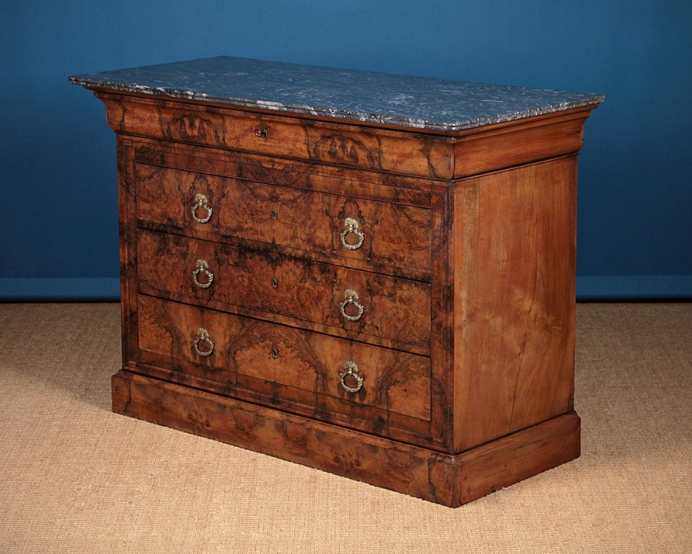 French Burr Walnut & Marble Top Chest Of Drawers c.1830.