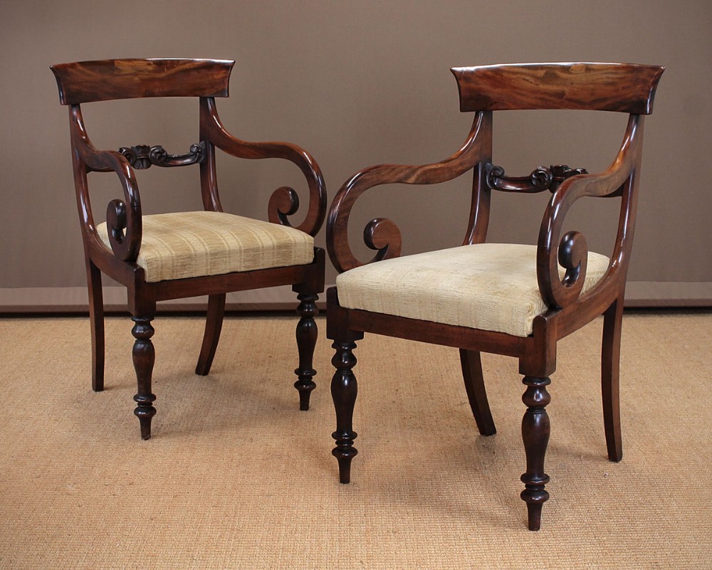 Pair of William IV Mahogany Scroll Armchairs c.1830.