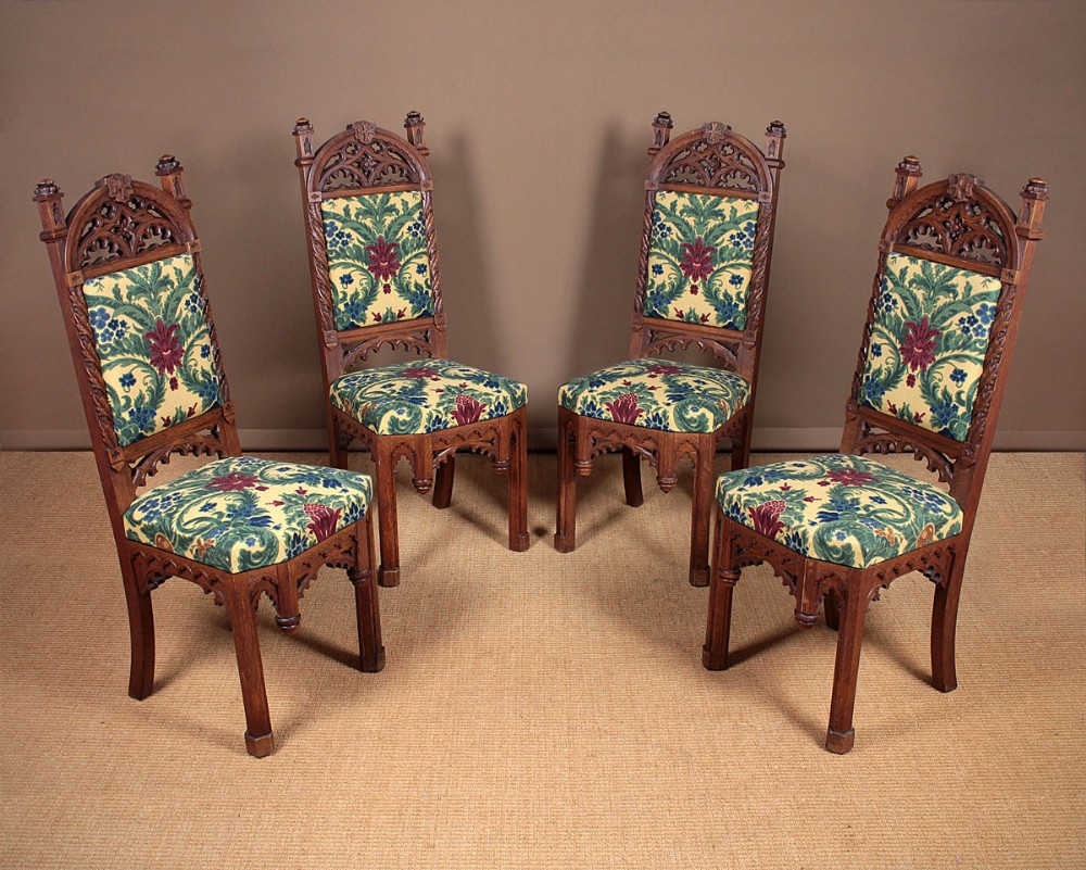 Set Four Late 19th.c. Gothic Oak Dining Chairs c.1880