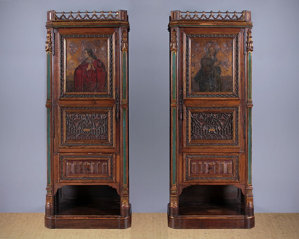 Pair of Ecclesiastical Gothic Carved & Painted Cupboards c.1870.