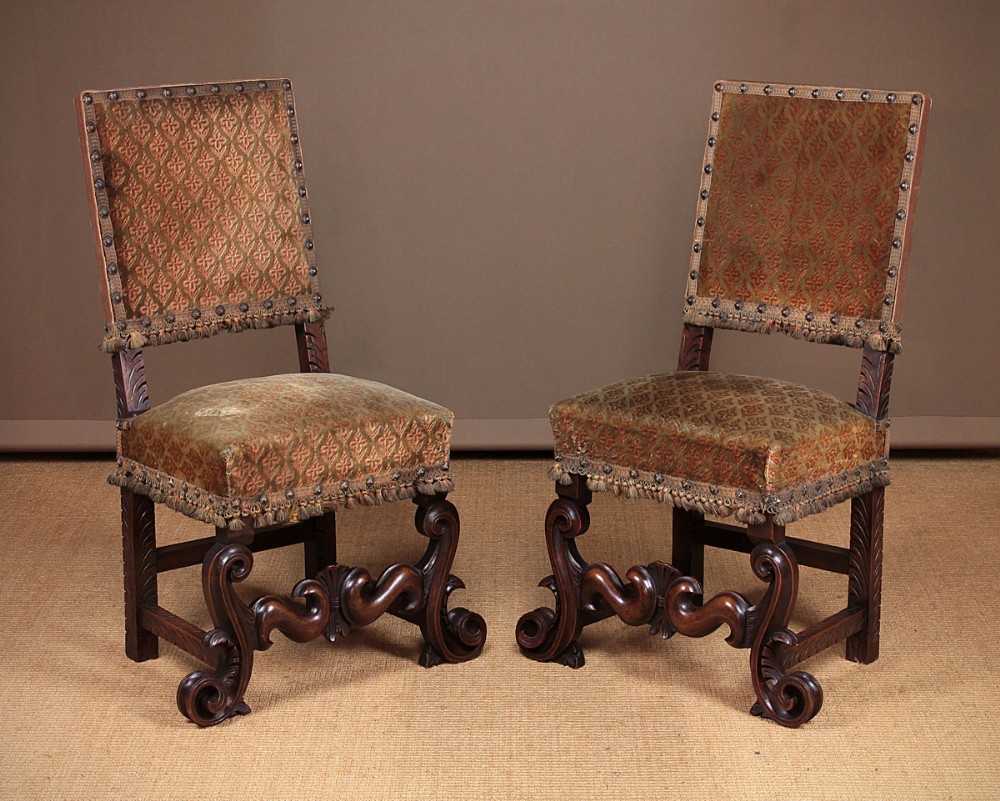 Pair of Italian Carved Walnut Side Chairs c.1900.