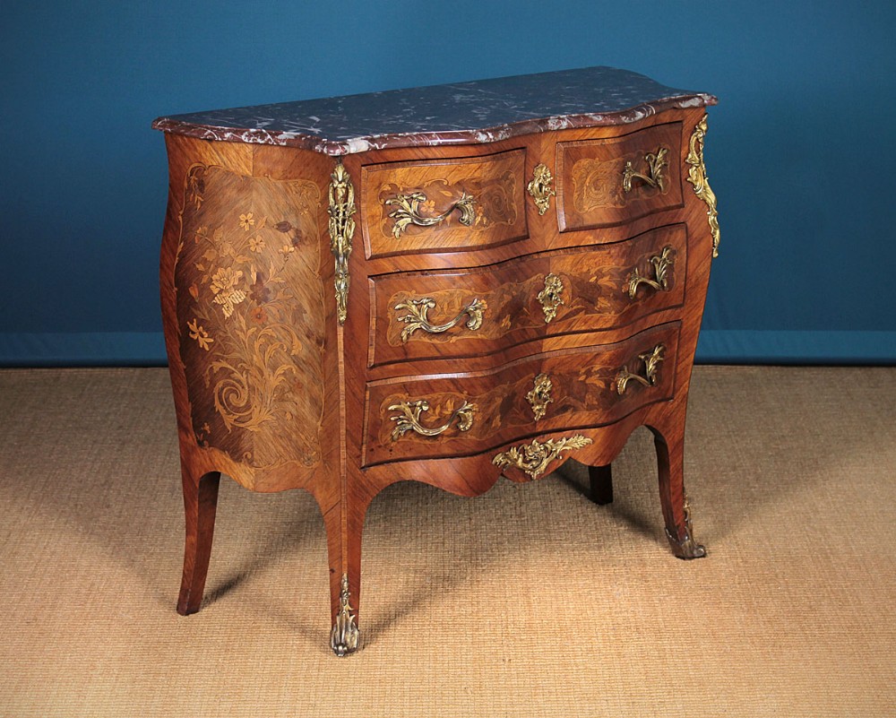 Marble Top Bombe Chest of Drawers with Marquetry Inlay c.1900.