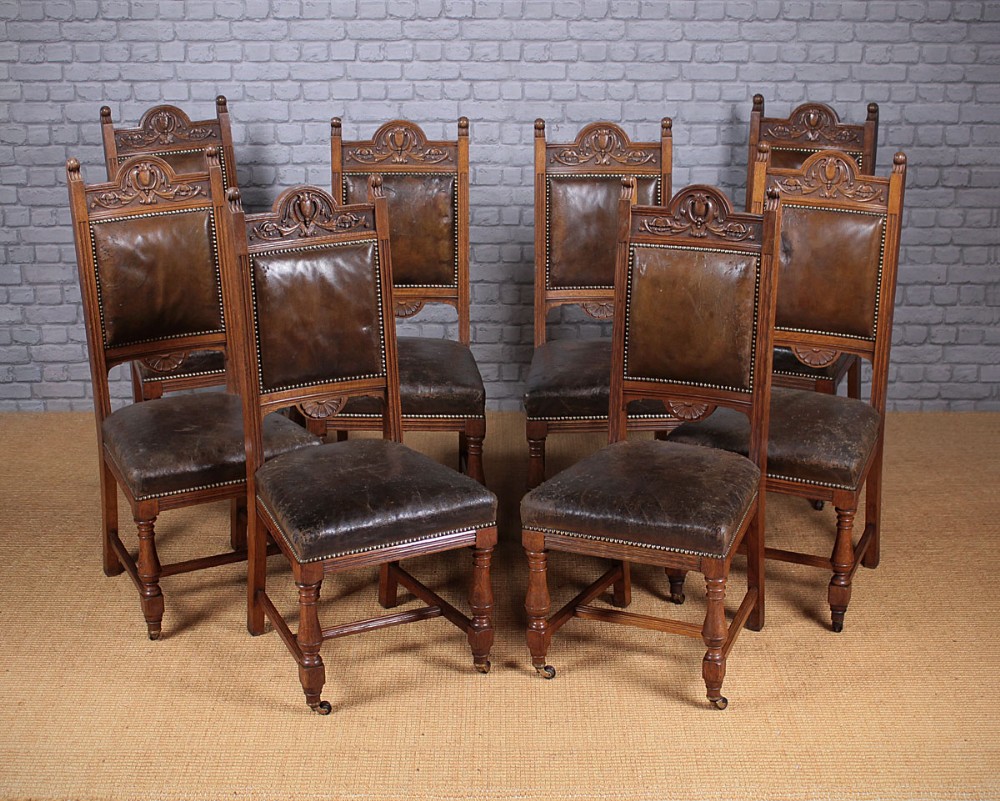 Set of Eight Oak & Leather Dining Chairs c.1890.