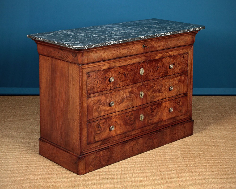 French Burr Walnut & Marble Top Chest of Drawers c.1840.