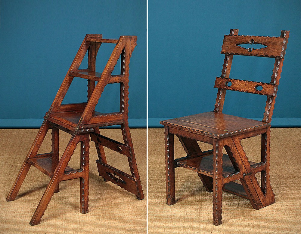 19th.c. Gothic Style Metamorphic Library Steps & Side Chair c.1890. 