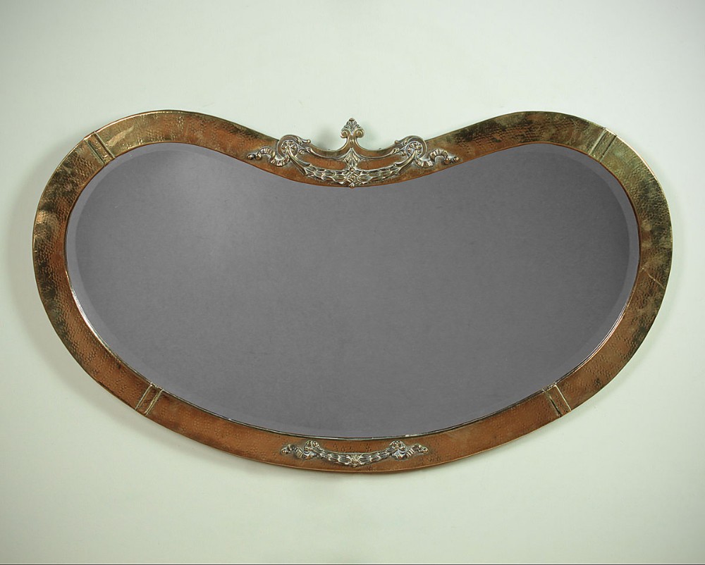 Brass Arts & Crafts Kidney Shaped Wall Mirror c.1905.