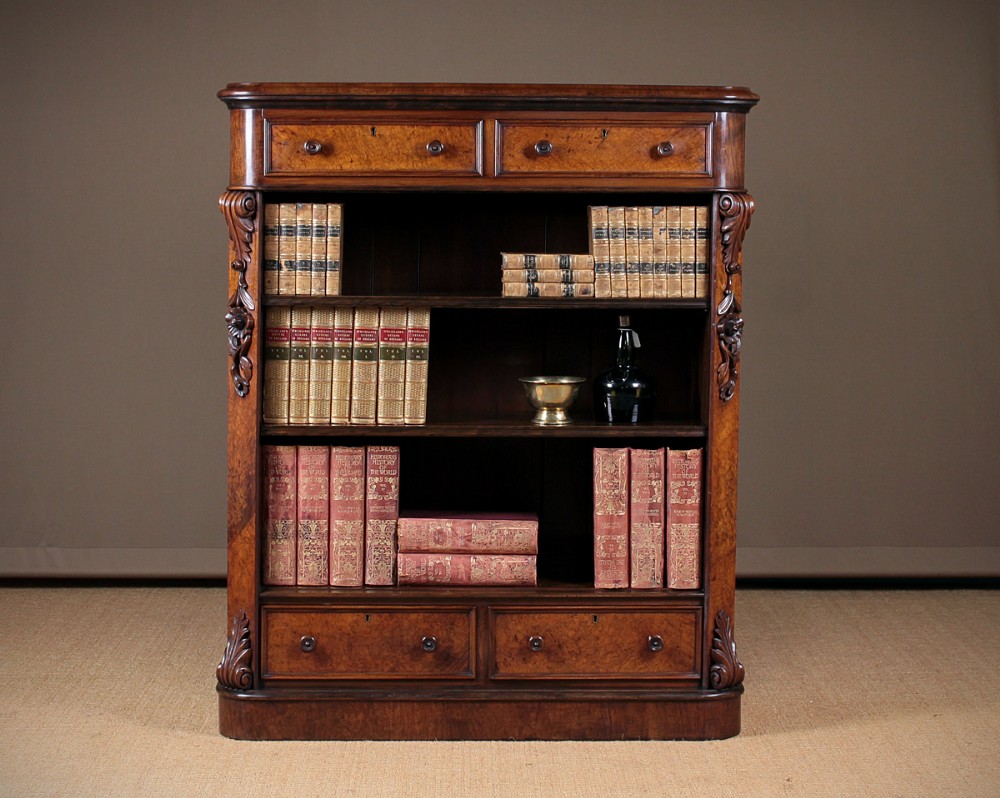 Burr Walnut Open Bookshelves with Drawers c.1880.