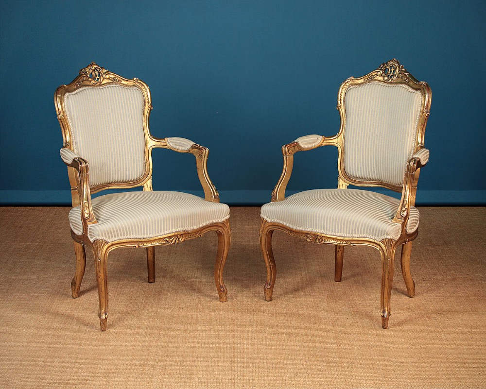 Pair French Belle Epoch Louis XV Style Open Armchairs c.1900.