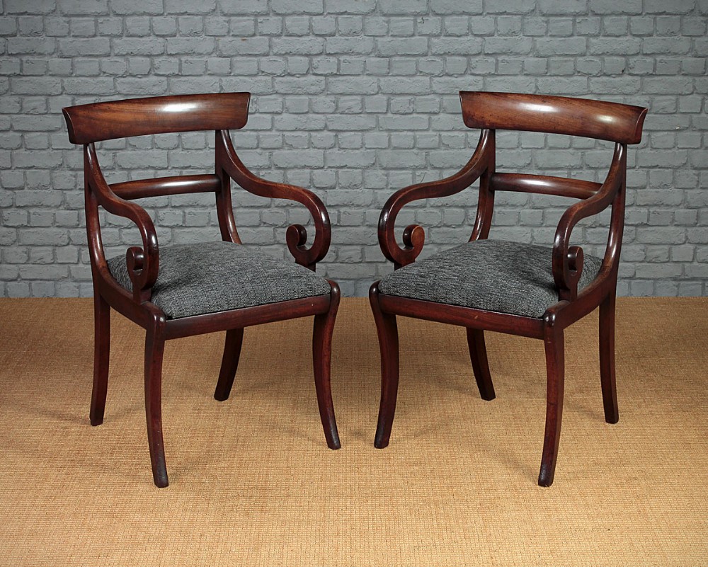Pair Mahogany Scroll Arm Regency Armchairs c.1830.