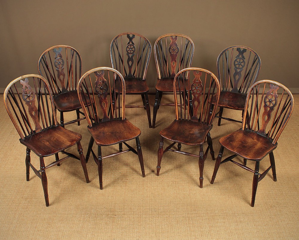 Set Eight 19th.c. Wheel Back Kitchen Dining Chairs c.1840.