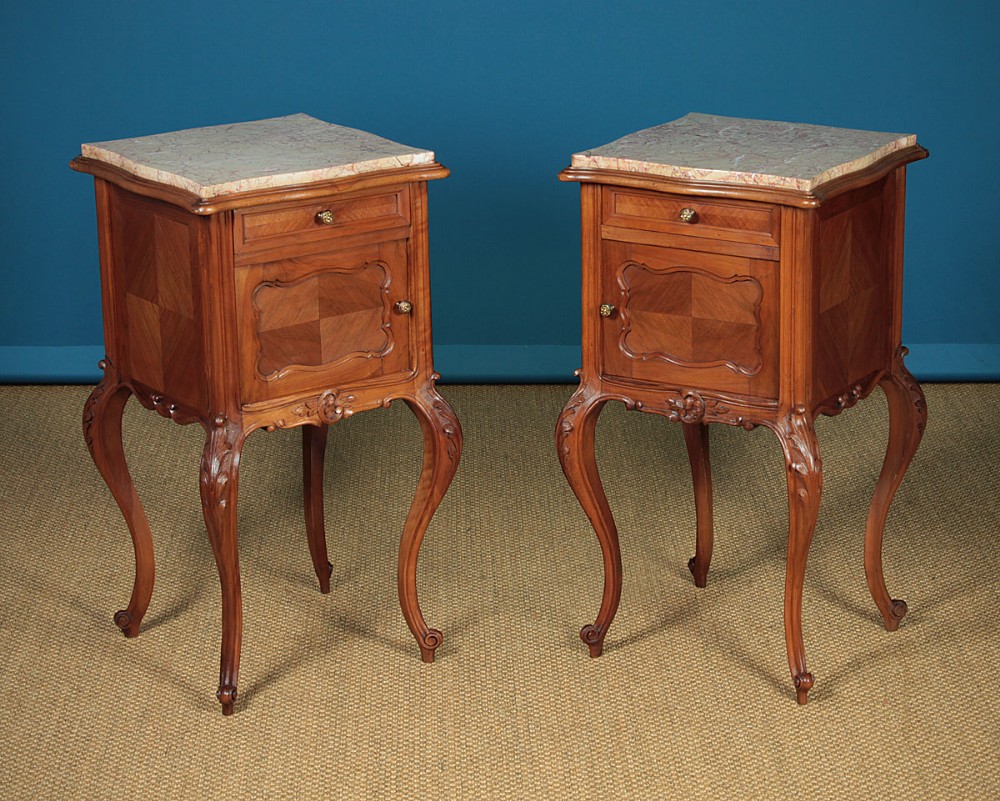Pair of Walnut & Marble Top Bedside Cabinets c.1910.