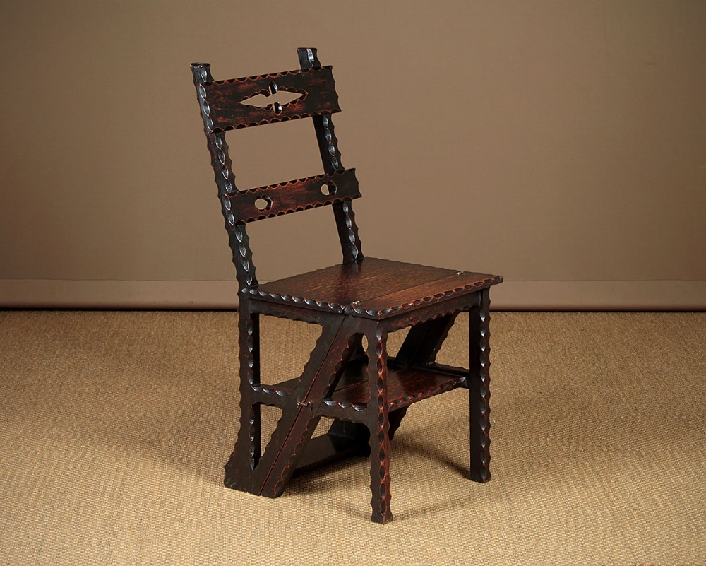 Gothic Metamorphic Library Steps & Side Chair c.1880.