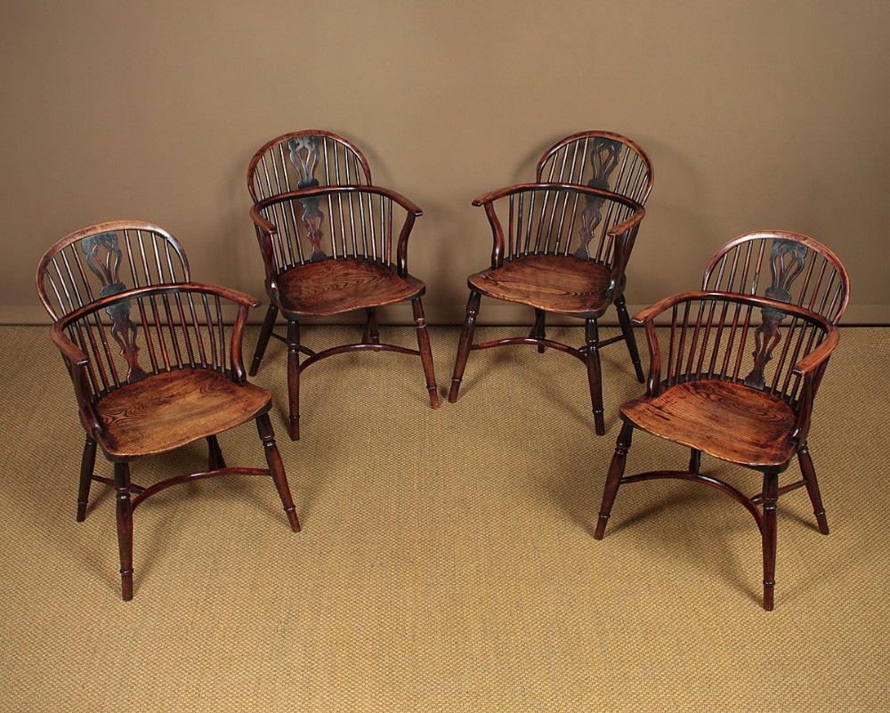 Set of Four Yew & Elm Windsor Armchairs c.1830.