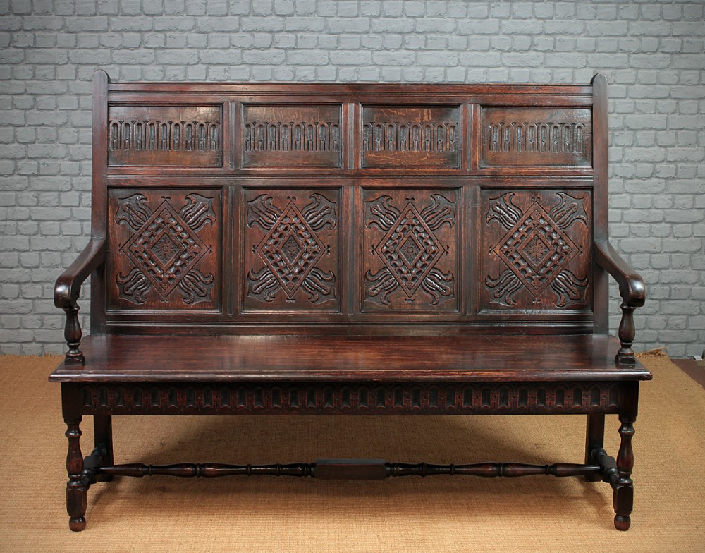 Carved Oak Settle c.1890.