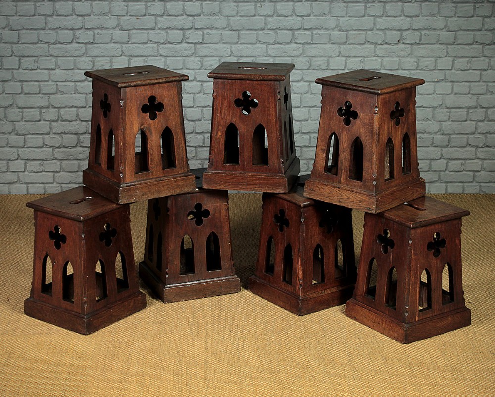 SEVEN GOTHIC OAK STOOLS C.1900.
