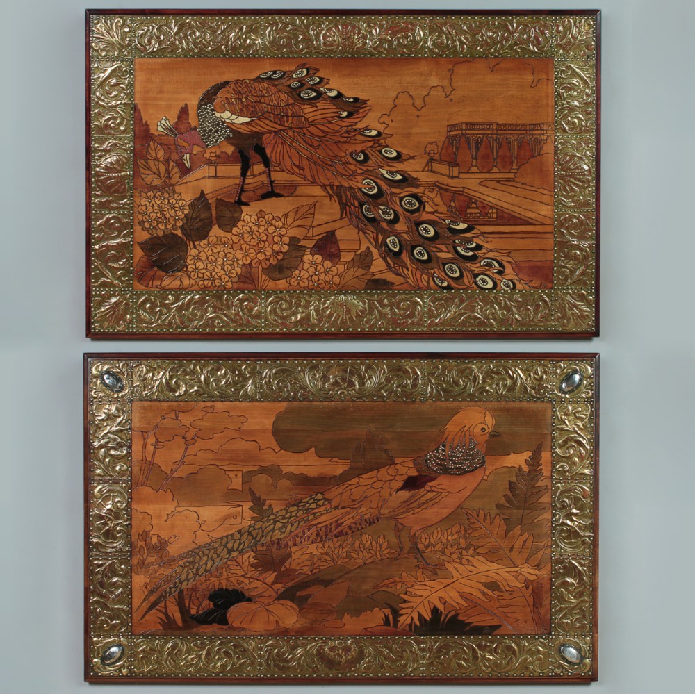 PAIR ARTS & CRAFTS POKERWORK PANELS WITH REPOUSSÉ BORDERS C.1900.