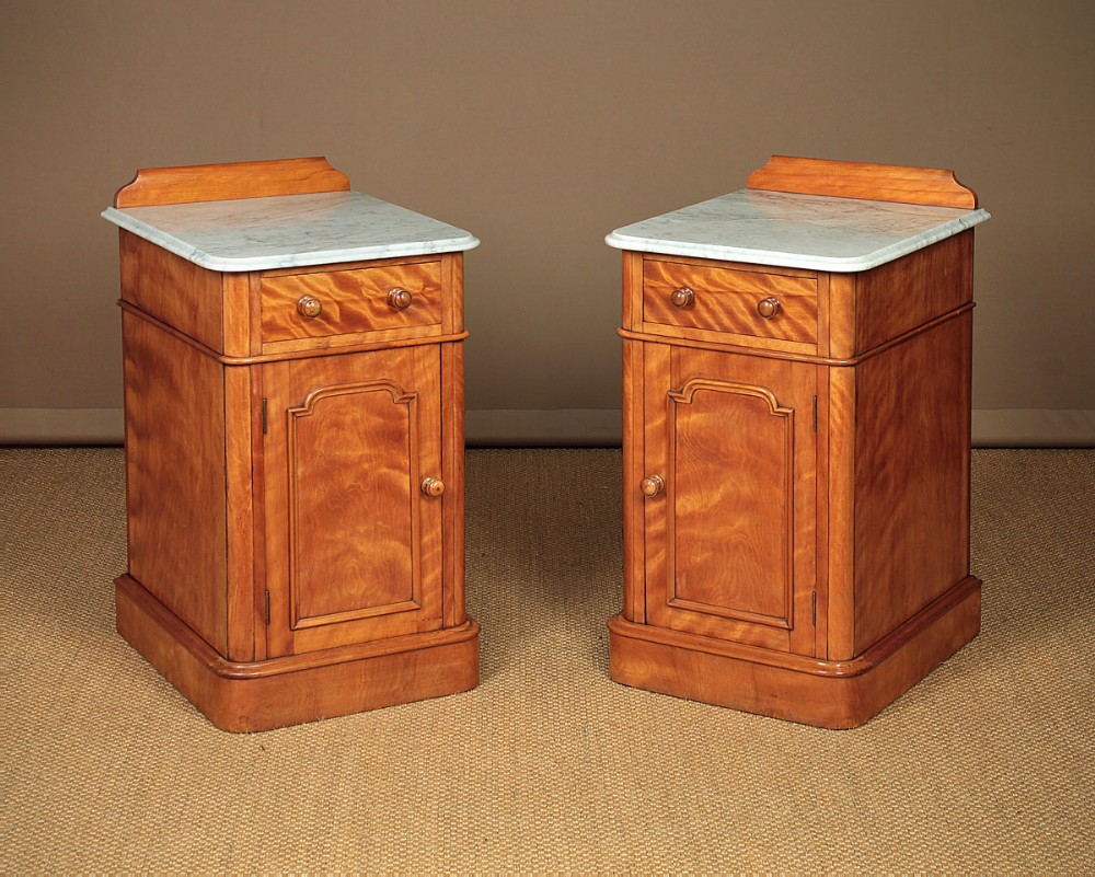 Pair of Marble Top Satin Birch Bedside Cabinets c.1860.