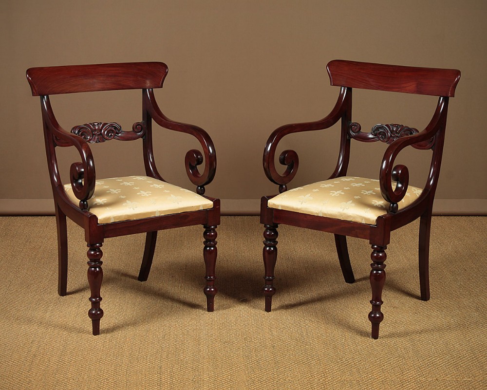 Pair of William IV Scroll Arm Open Armchairs c.1830.
