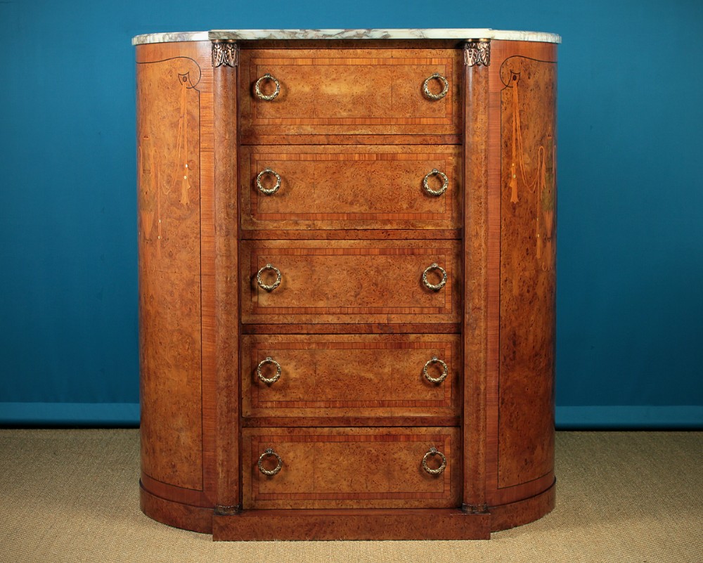 Edwardian Era Tall French Marble Top Chest Of Drawers c.1905.
