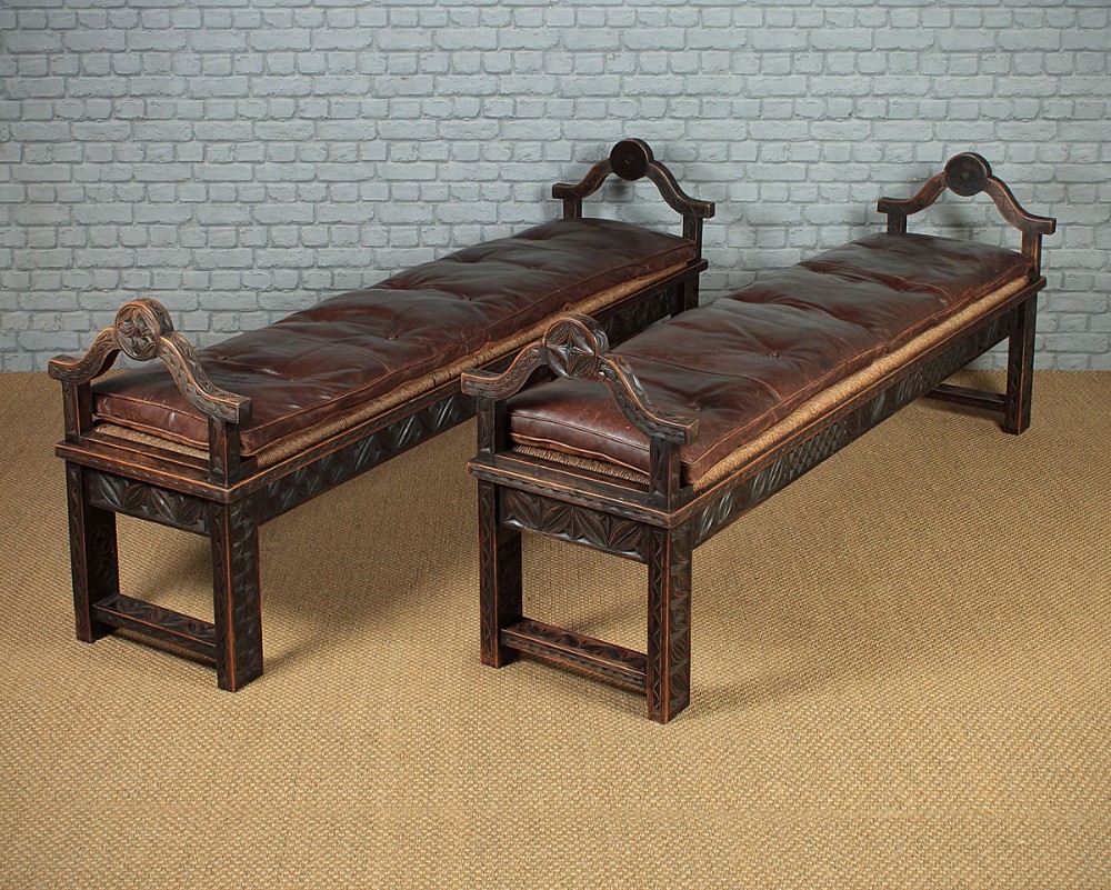 Pair of Long Carved Walnut Benches c.1890.
