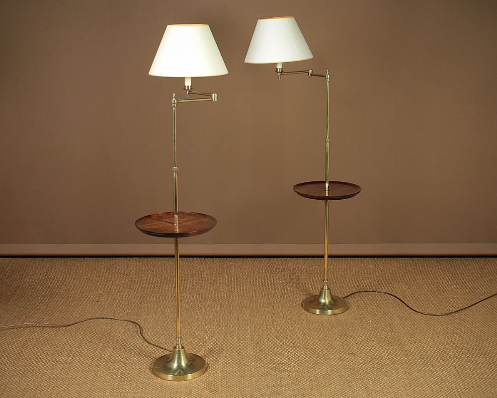 Pair Brass Floor Lamps With Tables c.1920.