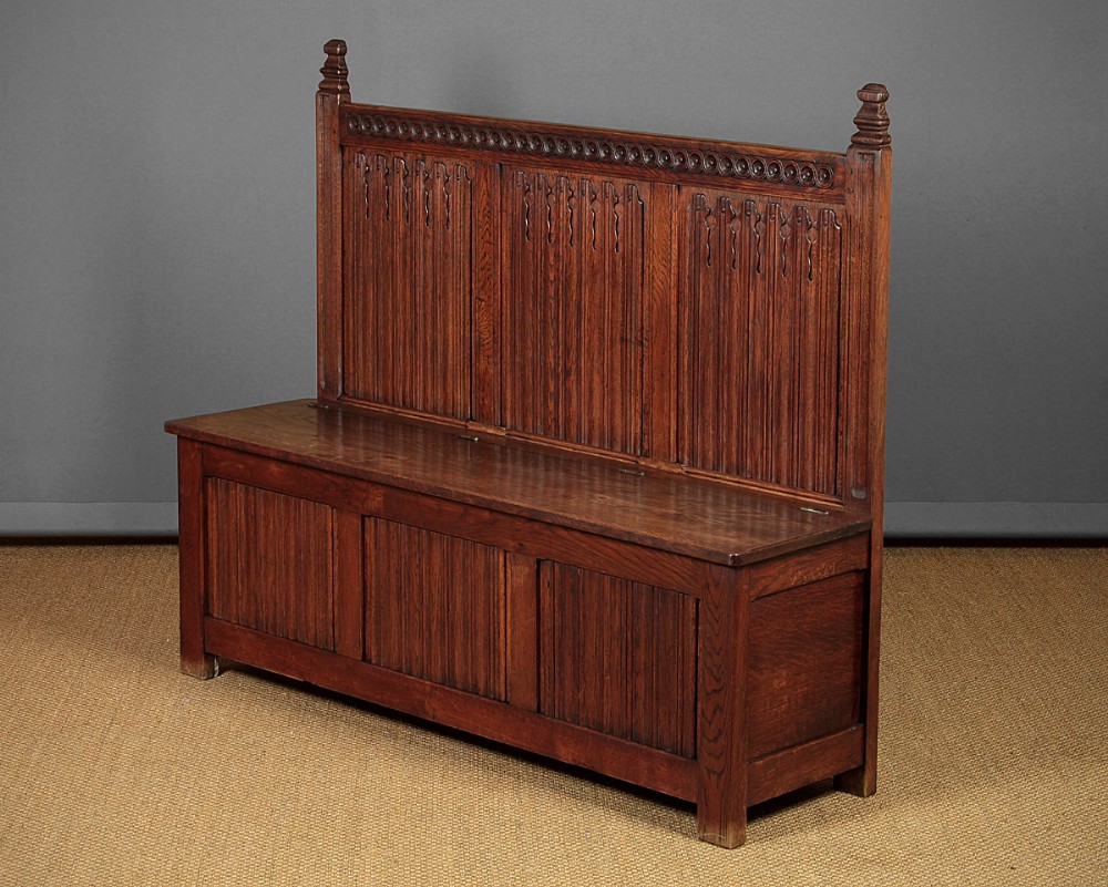 Gothic Carved Oak Box Settle c.1920.