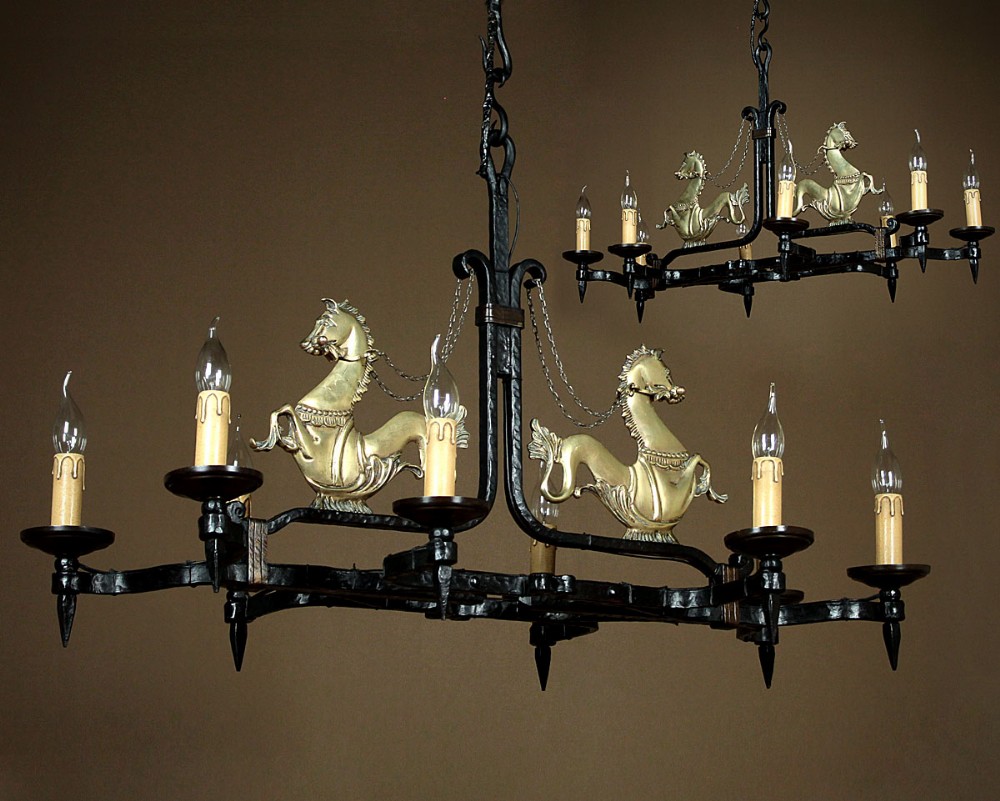 Pair of Wrought Iron Chandeliers with Brass Seahorses c.1930.