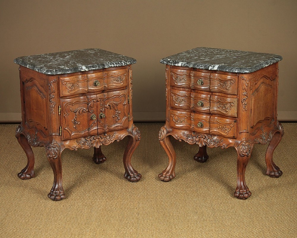 Pair of Carved Oak & Marble Top Bedside Cabinets c.1900.