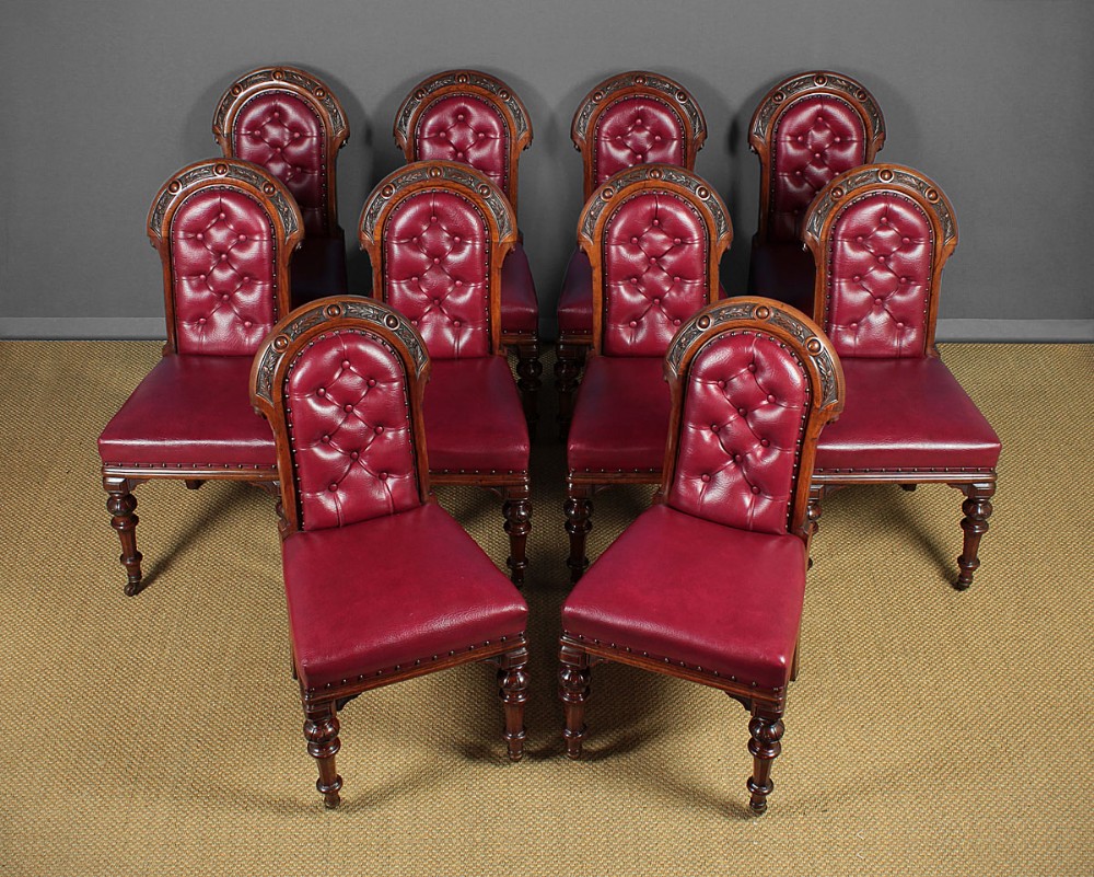 Set of 10 Oak & Leather Dining Chairs c.1850.