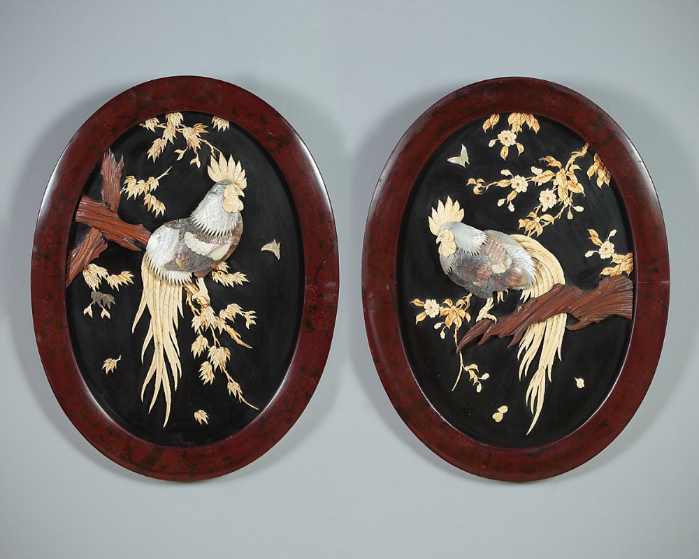 Pair of Japanese Shibayama Panels of Cockerels c.1890.