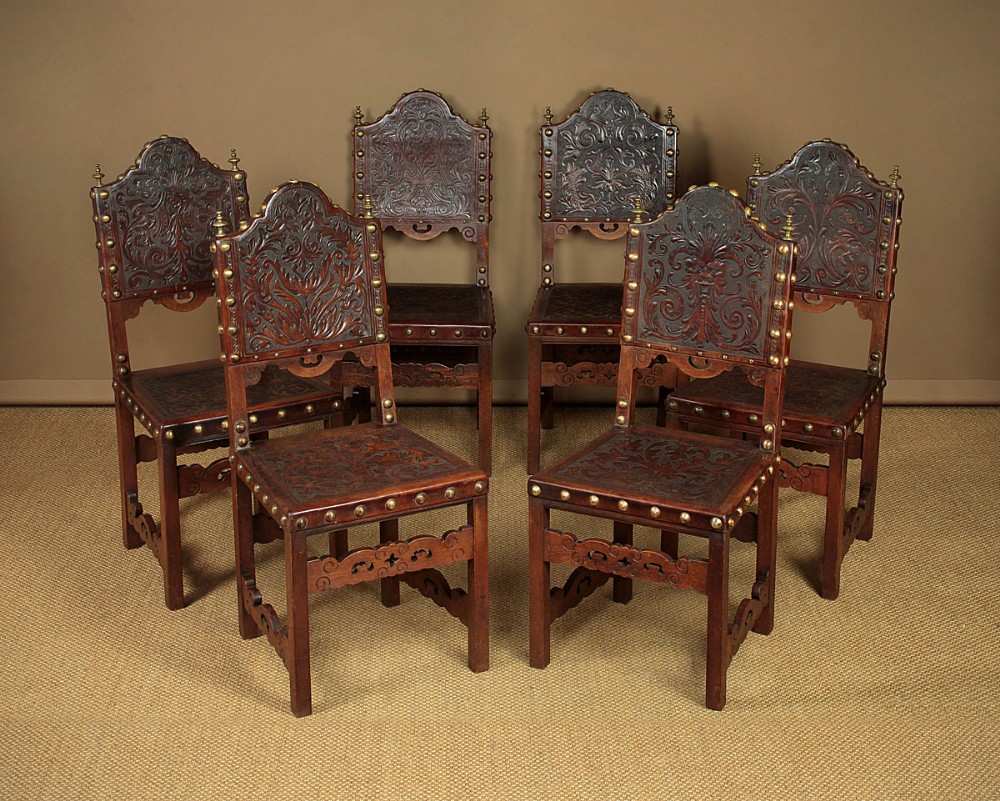 Set of Six Viennese Renaissance Style Embossed Leather Chairs c.1900.