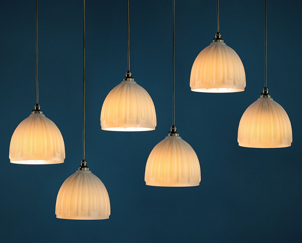 Six Hanging Chapel Type Pendent Lights c.1920. 