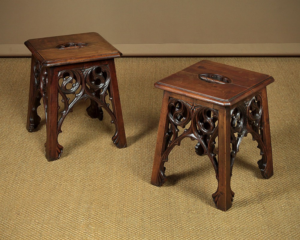 Pair of Gothic Tracery Carved Stools c.1880.